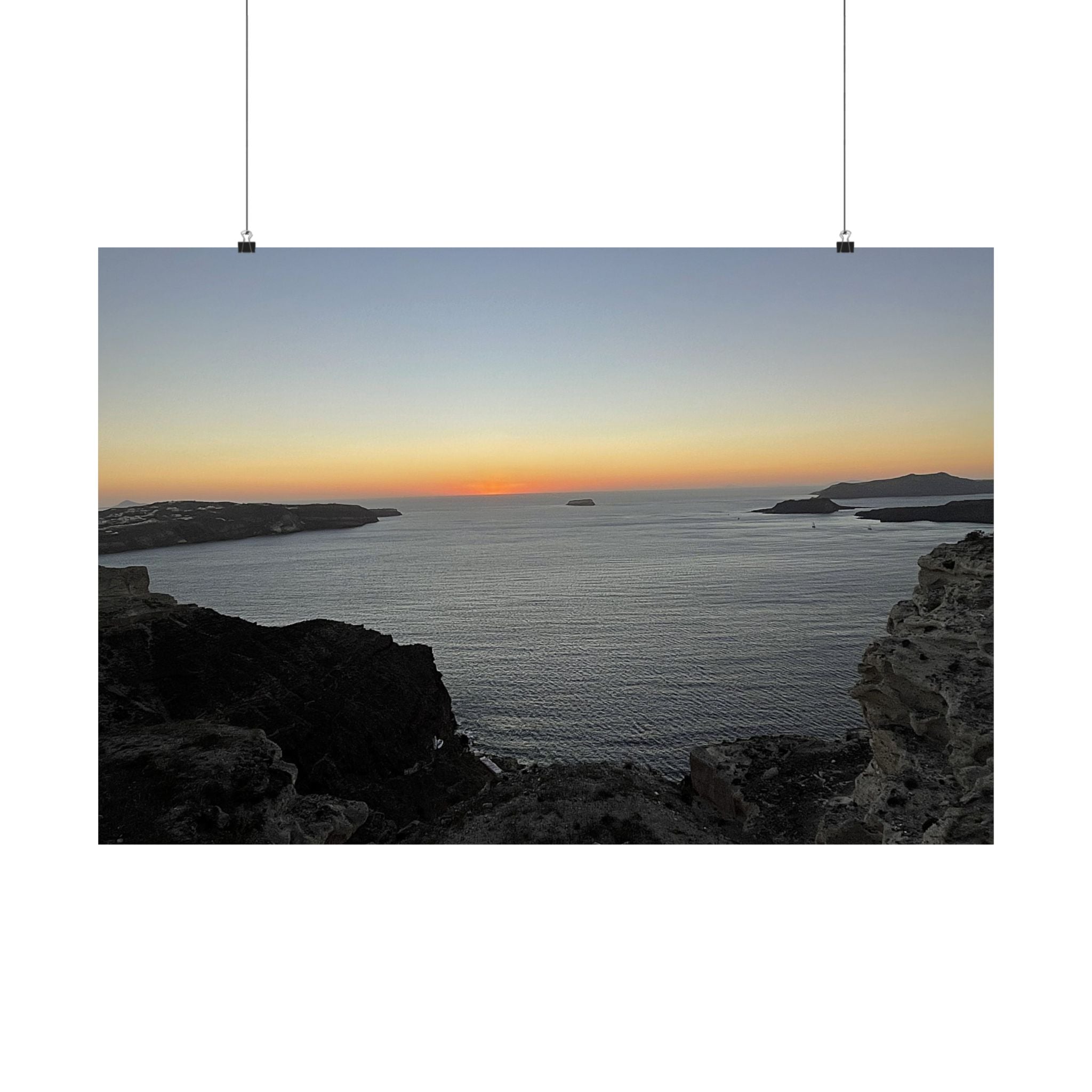 SOMETHING RESTING | Sunset Over Mykonos Shoreline Poster | Ocean Cliff Landscape Satin Print