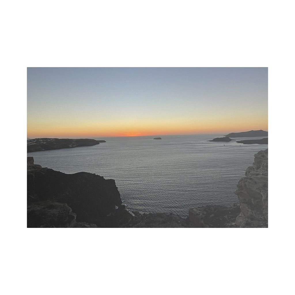 SOMETHING RESTING | Sunset Over Mykonos Shoreline Stretched Canvas | Ocean Cliff Landscape Satin Canvas