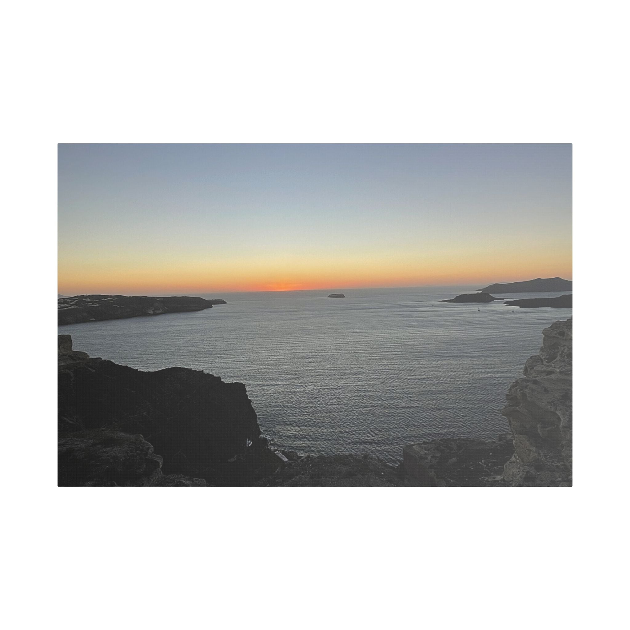 SOMETHING RESTING | Sunset Over Mykonos Shoreline Stretched Canvas | Ocean Cliff Landscape Satin Canvas