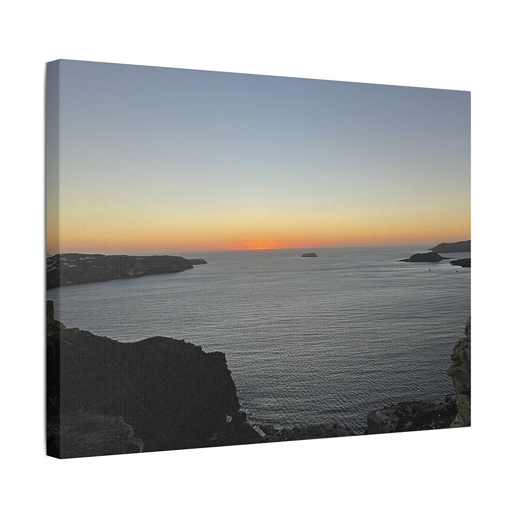 SOMETHING RESTING | Sunset Over Mykonos Shoreline Stretched Canvas | Ocean Cliff Landscape Satin Canvas