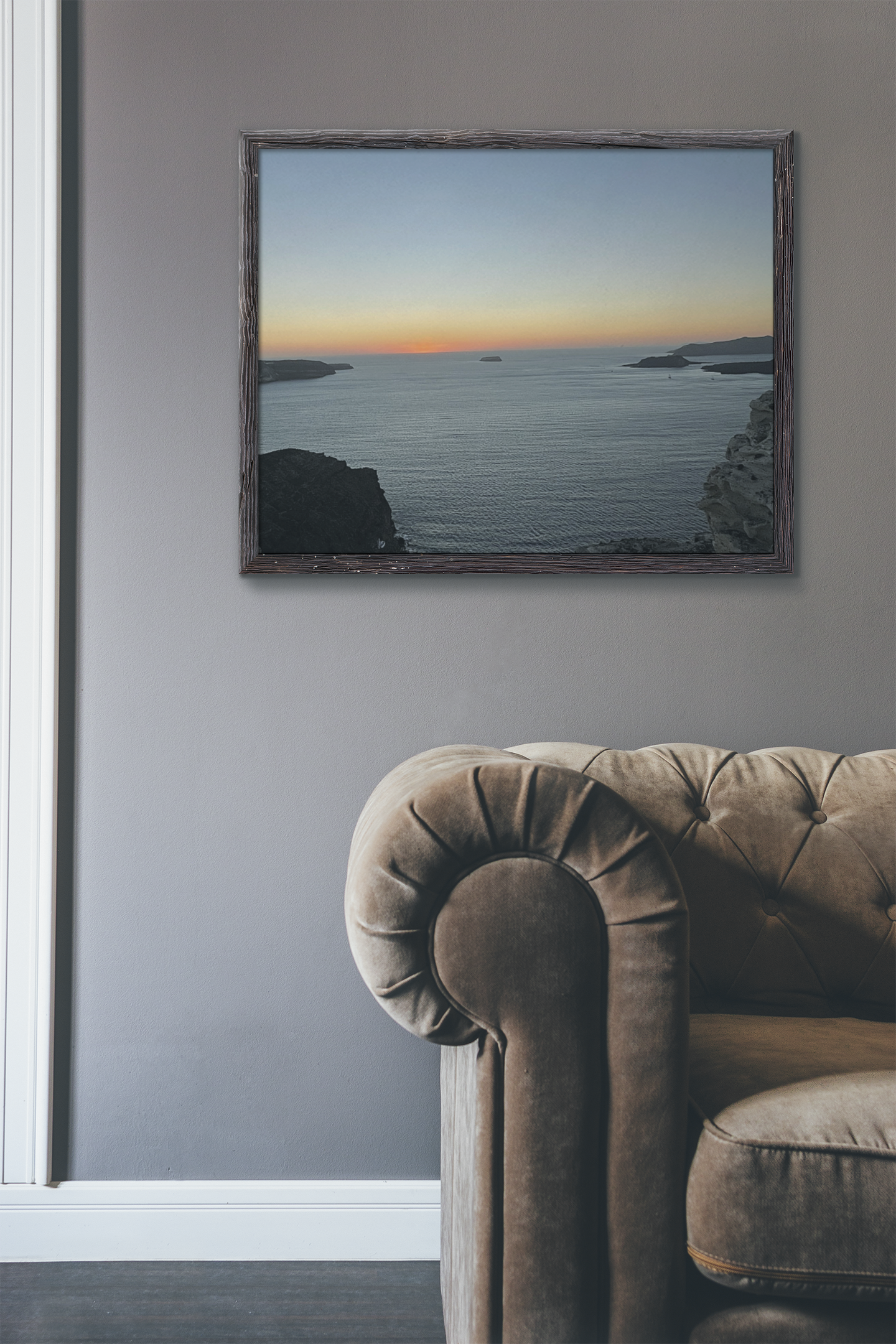 SOMETHING RESTING | Sunset Over Mykonos Shoreline Stretched Canvas | Ocean Cliff Landscape Satin Canvas