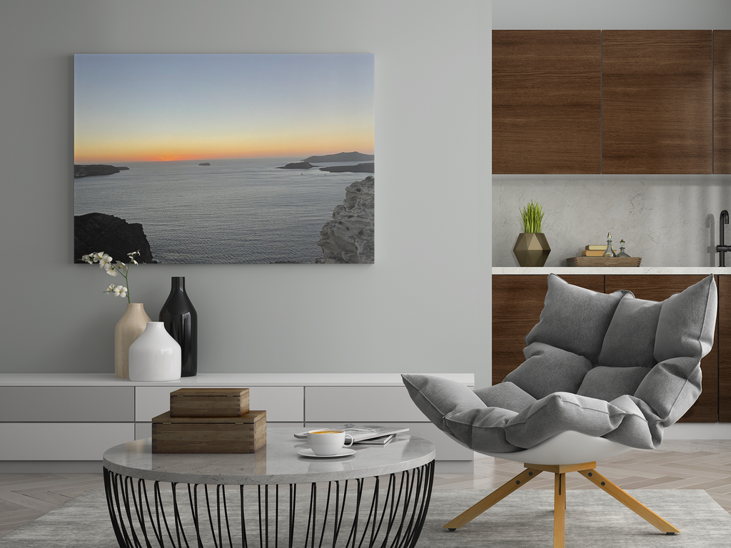 SOMETHING RESTING | Sunset Over Mykonos Shoreline Stretched Canvas | Ocean Cliff Landscape Satin Canvas