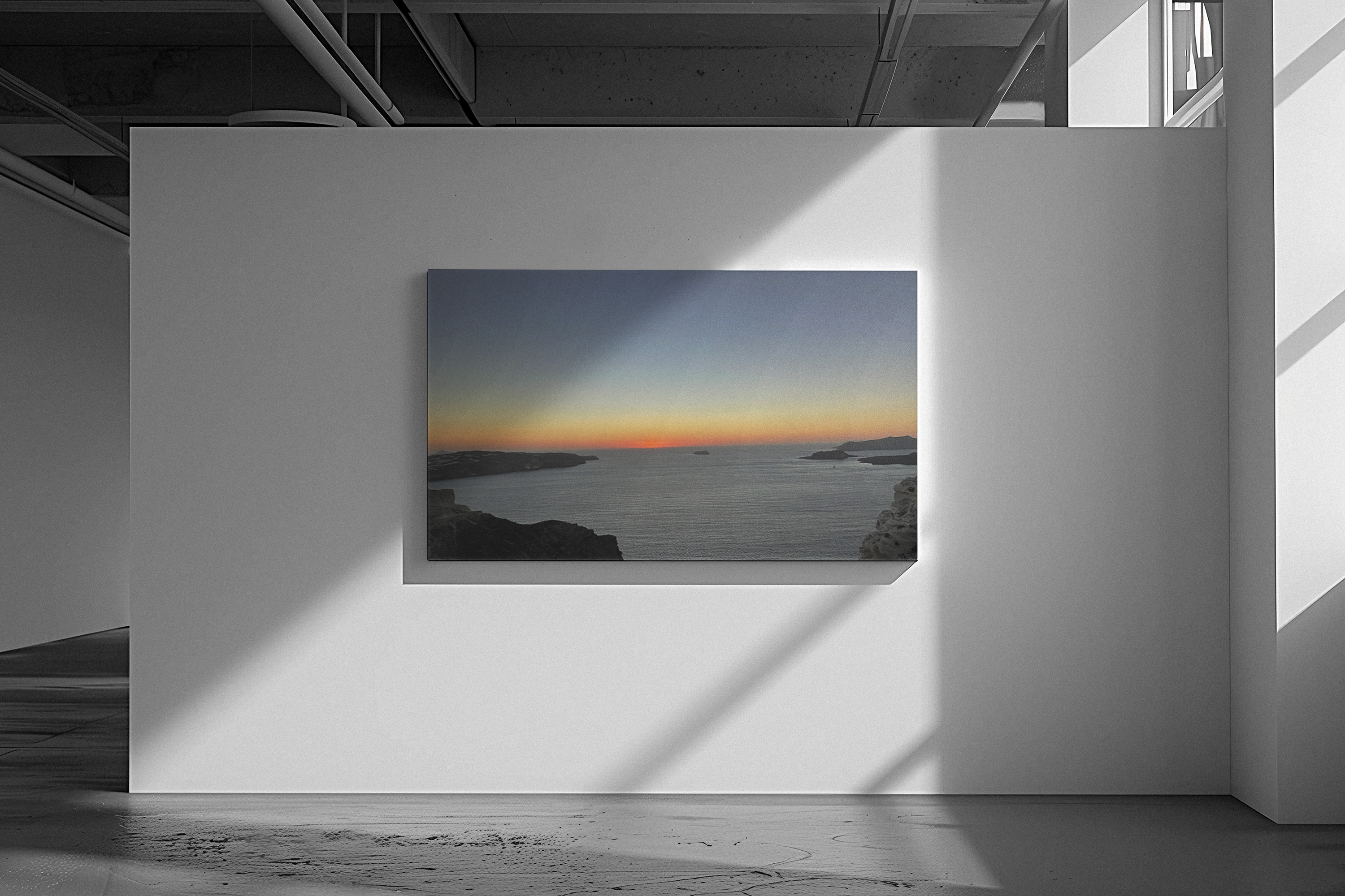 SOMETHING RESTING | Sunset Over Mykonos Shoreline Stretched Canvas | Ocean Cliff Landscape Satin Canvas