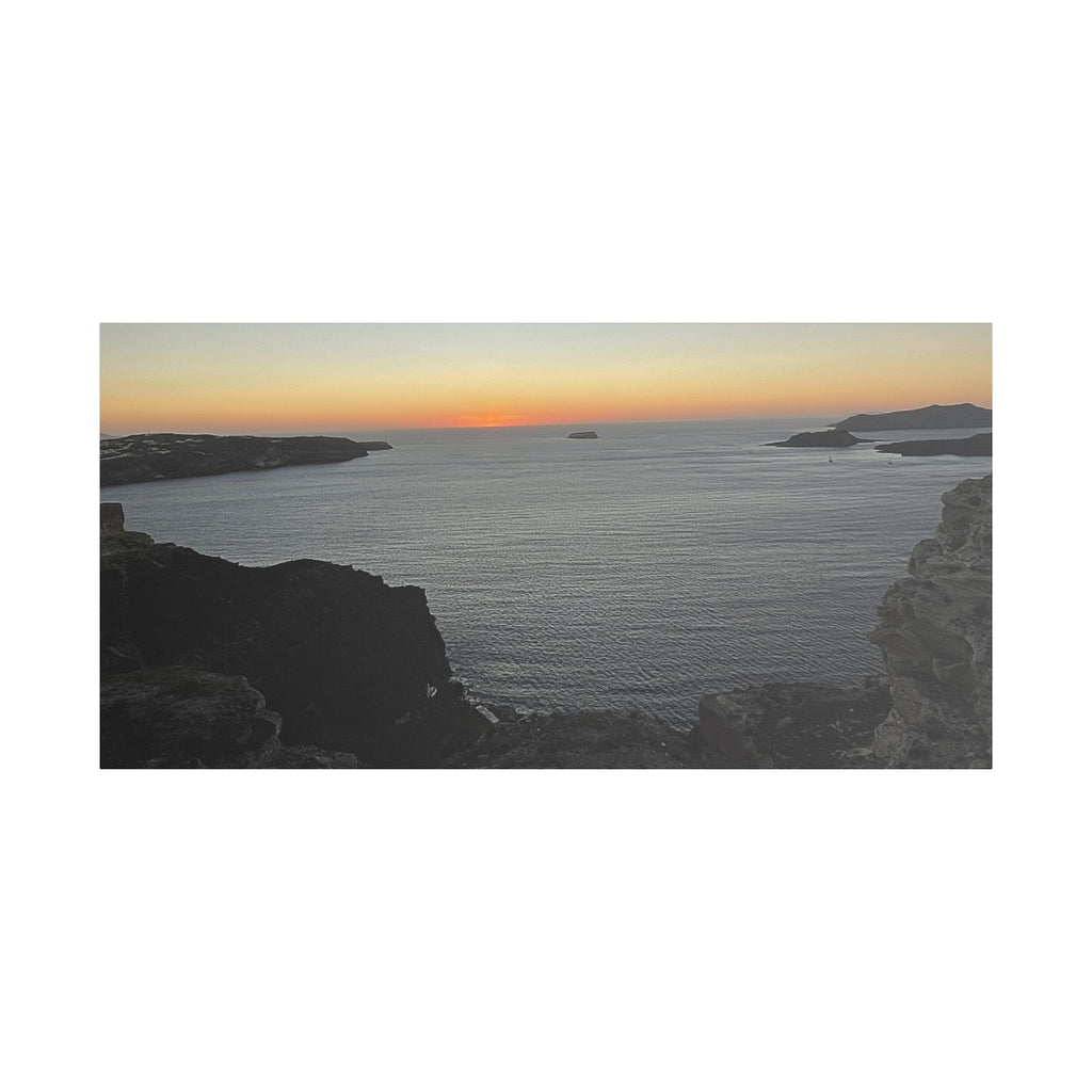 SOMETHING RESTING | Sunset Over Mykonos Shoreline Stretched Canvas | Ocean Cliff Landscape Satin Canvas