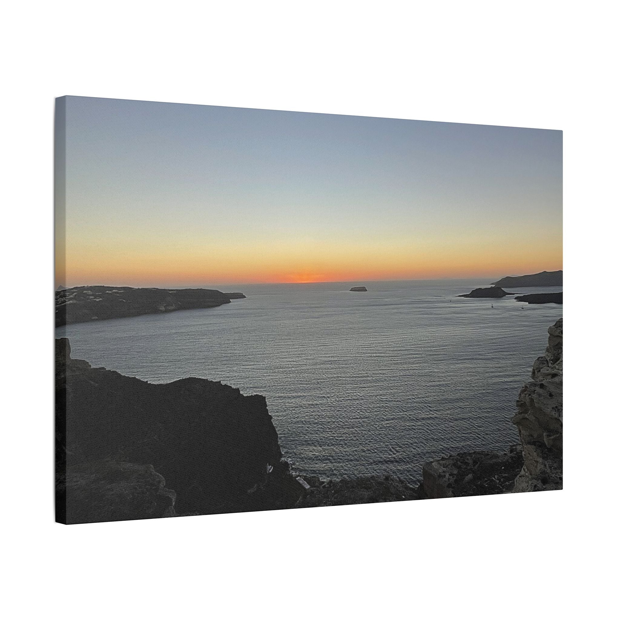 SOMETHING RESTING | Sunset Over Mykonos Shoreline Stretched Canvas | Ocean Cliff Landscape Satin Canvas