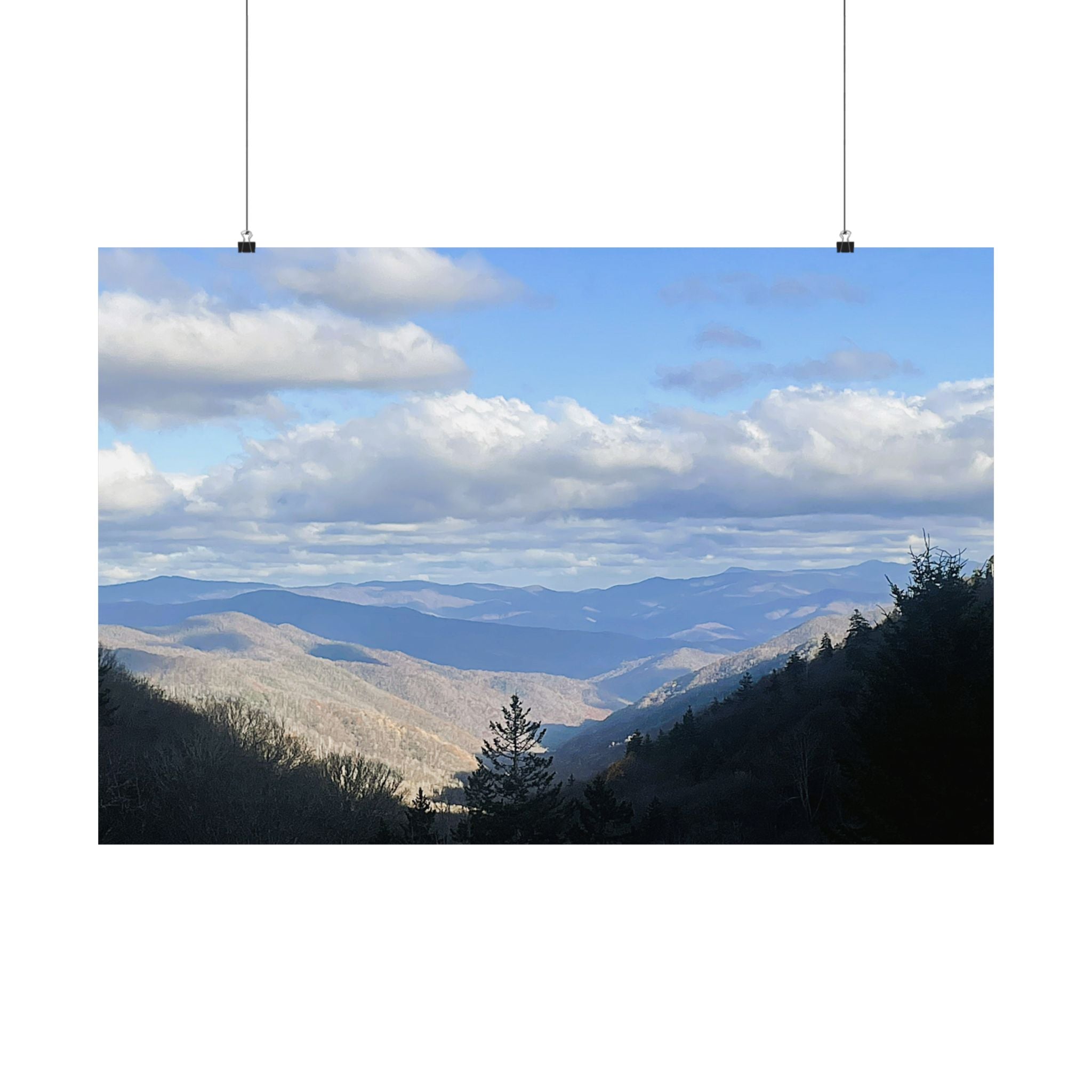 SOMETHING FOUND | Mountain Valley Landscape Satin Poster | Blue Sky Cloudscape