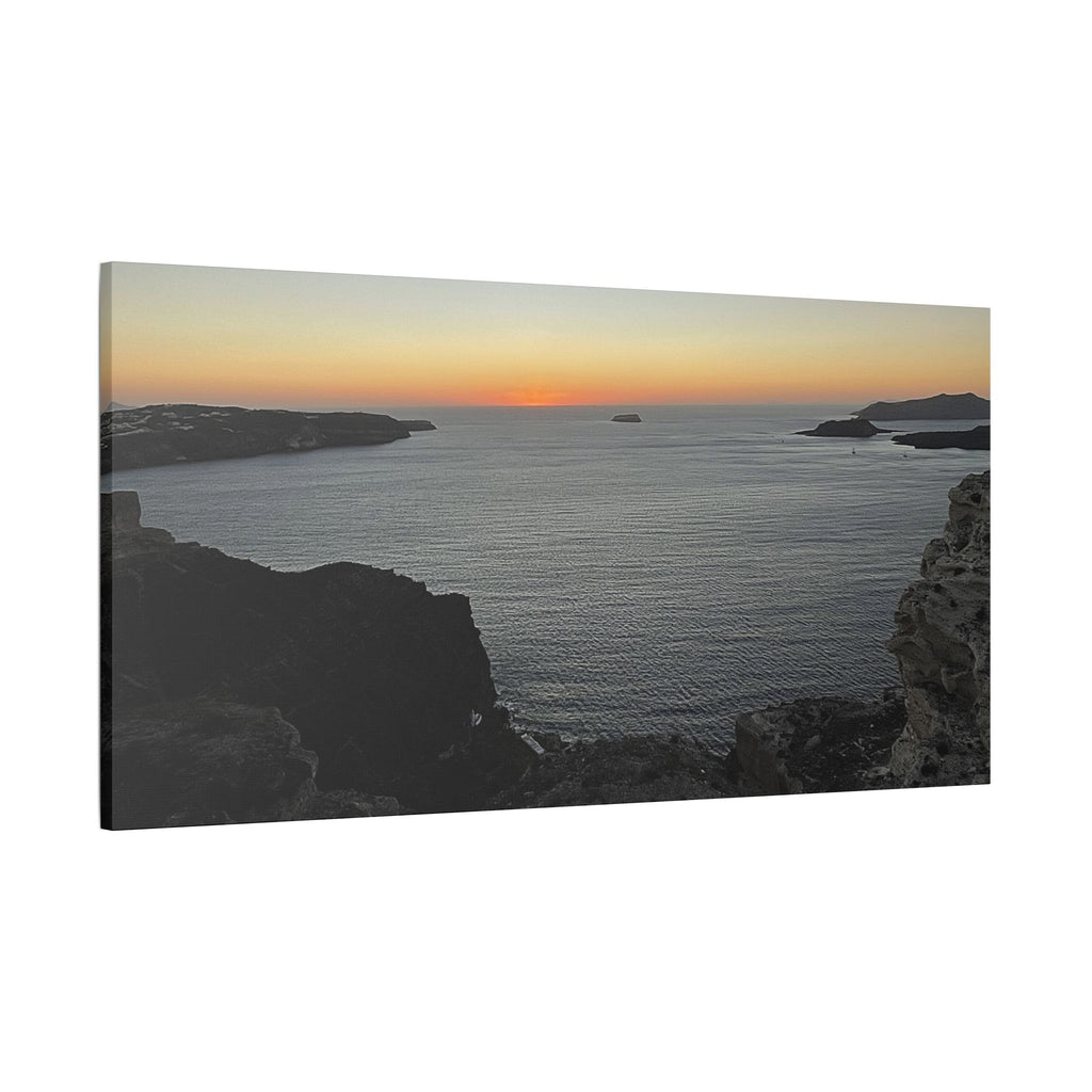 SOMETHING RESTING | Sunset Over Mykonos Shoreline Stretched Canvas | Ocean Cliff Landscape Satin Canvas